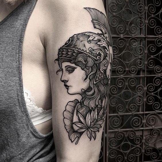 Athena Portrait with Botanical Details Tattoo Design