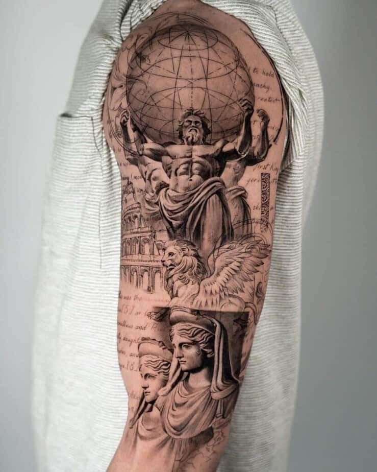 Atlas Full Arm Narrative Sleeve Tattoo Design