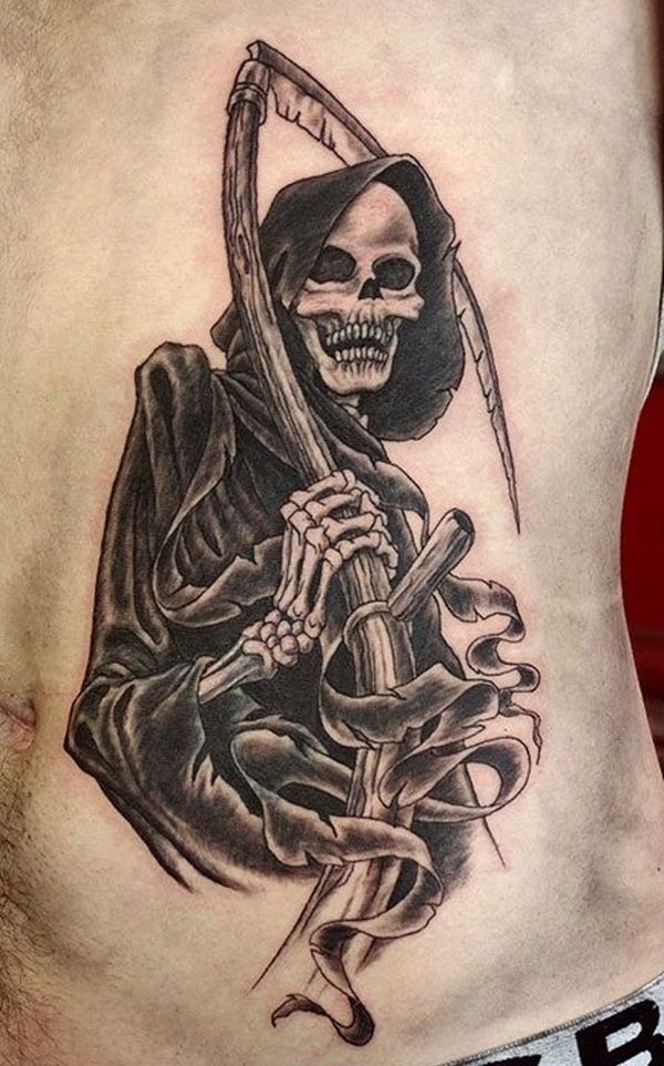 Classic Reaper With a Flowing Banner, a tattoo design rendered in bold traditional for the rib.