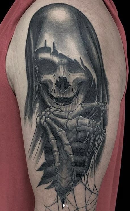 Close-Up Reaper Skull Portrait, a tattoo design rendered in clean detailed linework for the leg.