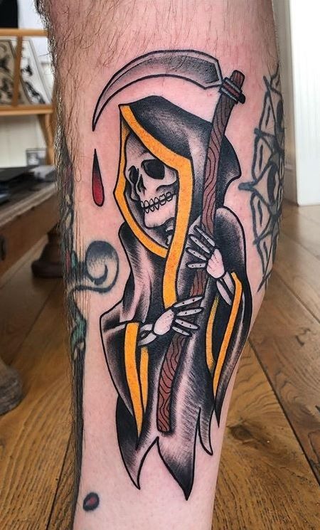 Colorful Reaper With Bold Hood, a tattoo design rendered in bold traditional.