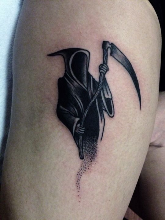 Minimal Hooded Reaper With Dot Fade, a tattoo design rendered in clean detailed linework for the back.