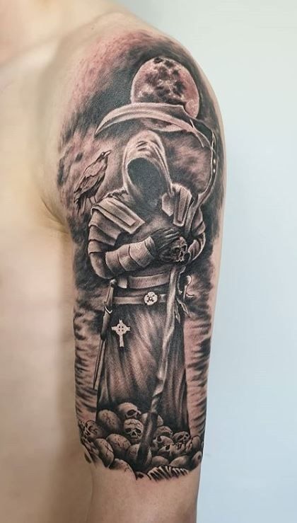 Moonlit Reaper With Armor-Like Robe, a tattoo design rendered in clean detailed linework.