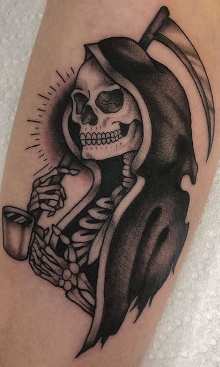 Playful Reaper Holding an Hourglass, a tattoo design rendered in clean detailed linework for the hand.