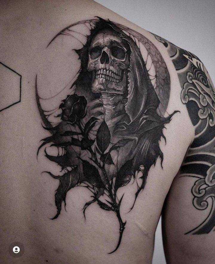 Reaper With a Rose on the Back, a tattoo design rendered in clean detailed linework.