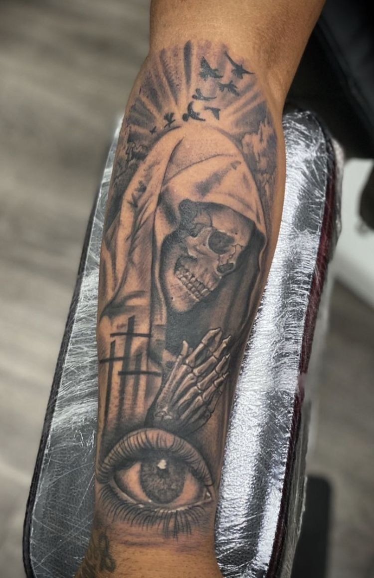 Shadowed Reaper With a Watching Eye, a tattoo design rendered in clean detailed linework for the hand.