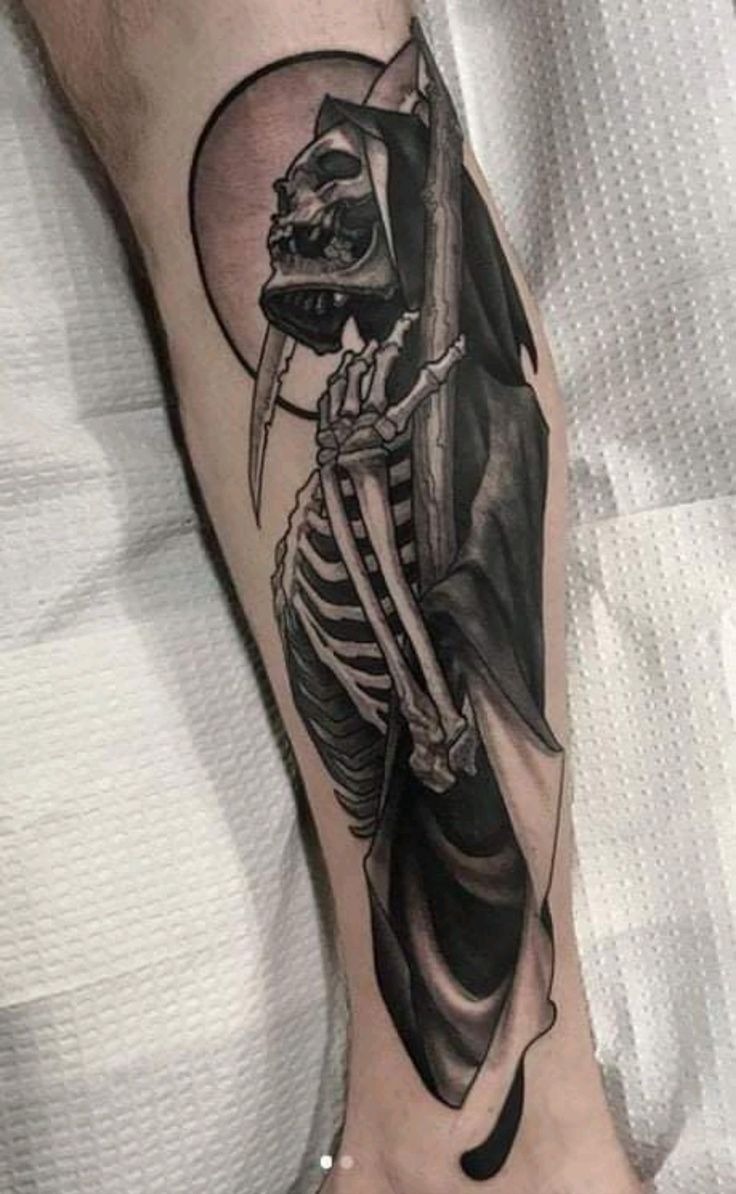 Side-Profile Reaper With Moonlit Circle, a tattoo design rendered in clean detailed linework for the rib.