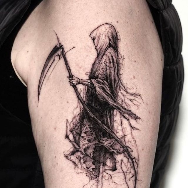 Sketchy Side Reaper With Soft Motion, a tattoo design rendered in sketch-style for the leg.