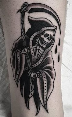 Small Hooded Reaper With Raindrop Details, a tattoo design rendered in clean detailed linework for the arm.