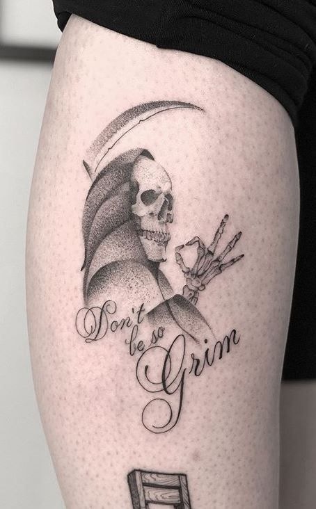 Soft Reaper With Script Lettering, a tattoo design rendered in delicate fine-line for the hand.