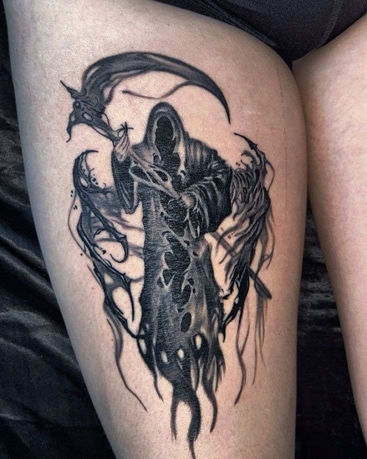 Stormy Reaper Thigh Piece, a tattoo design rendered in bold.