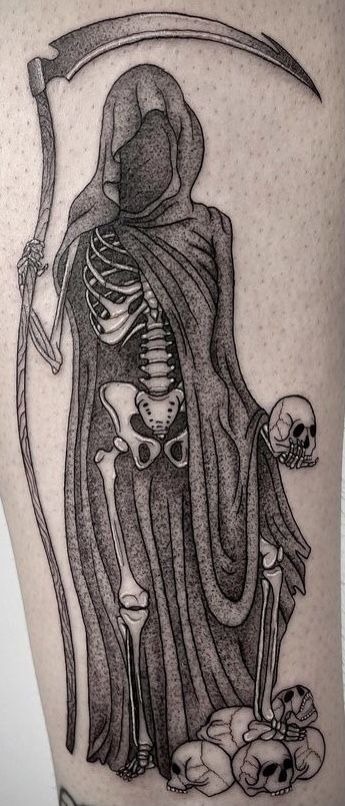 Tall Skeleton Reaper With Skull Pile, a tattoo design rendered in clean detailed linework for the rib.