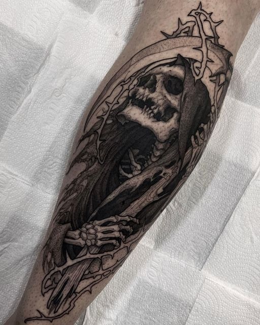 Thorn-Framed Reaper With Dark Gothic Detail, a tattoo design rendered in clean detailed linework for the hand.