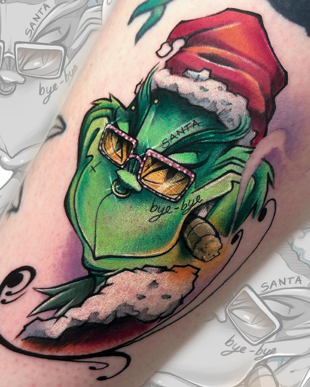 Festive Grinch Tattoo with Stylish Sunglasses Tattoo Design