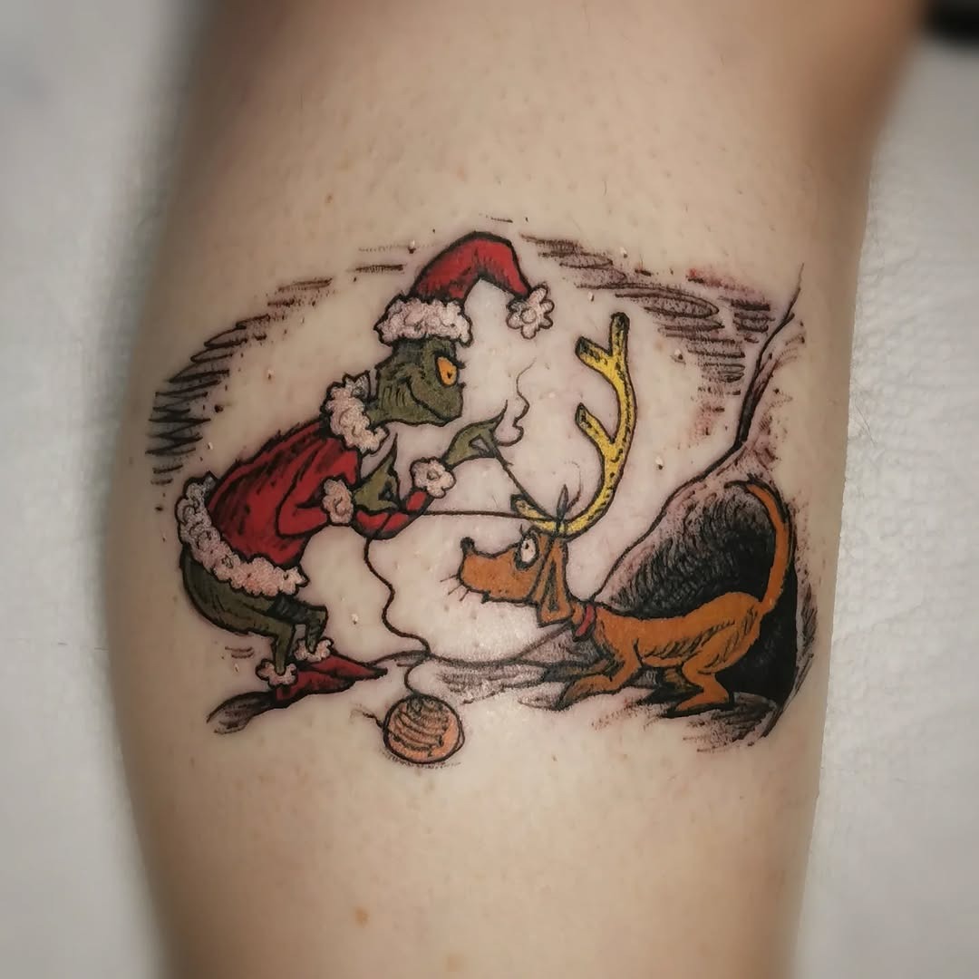 Playful Grinch and Reindeer Tattoo Design Tattoo Design