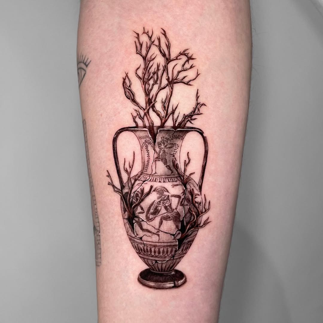 Artistic tattoo of a vase with branches Tattoo Design