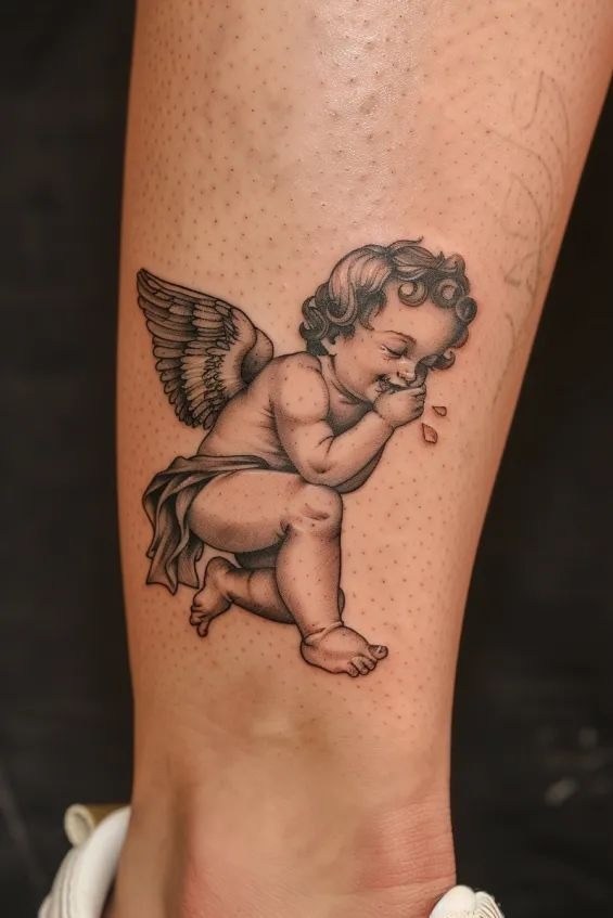 Angel Wings and Halo with Roman Numerals Tattoo Design