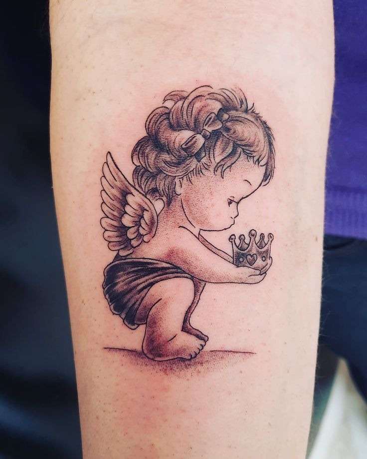 Baby Angel Offering a Crown Tattoo Design