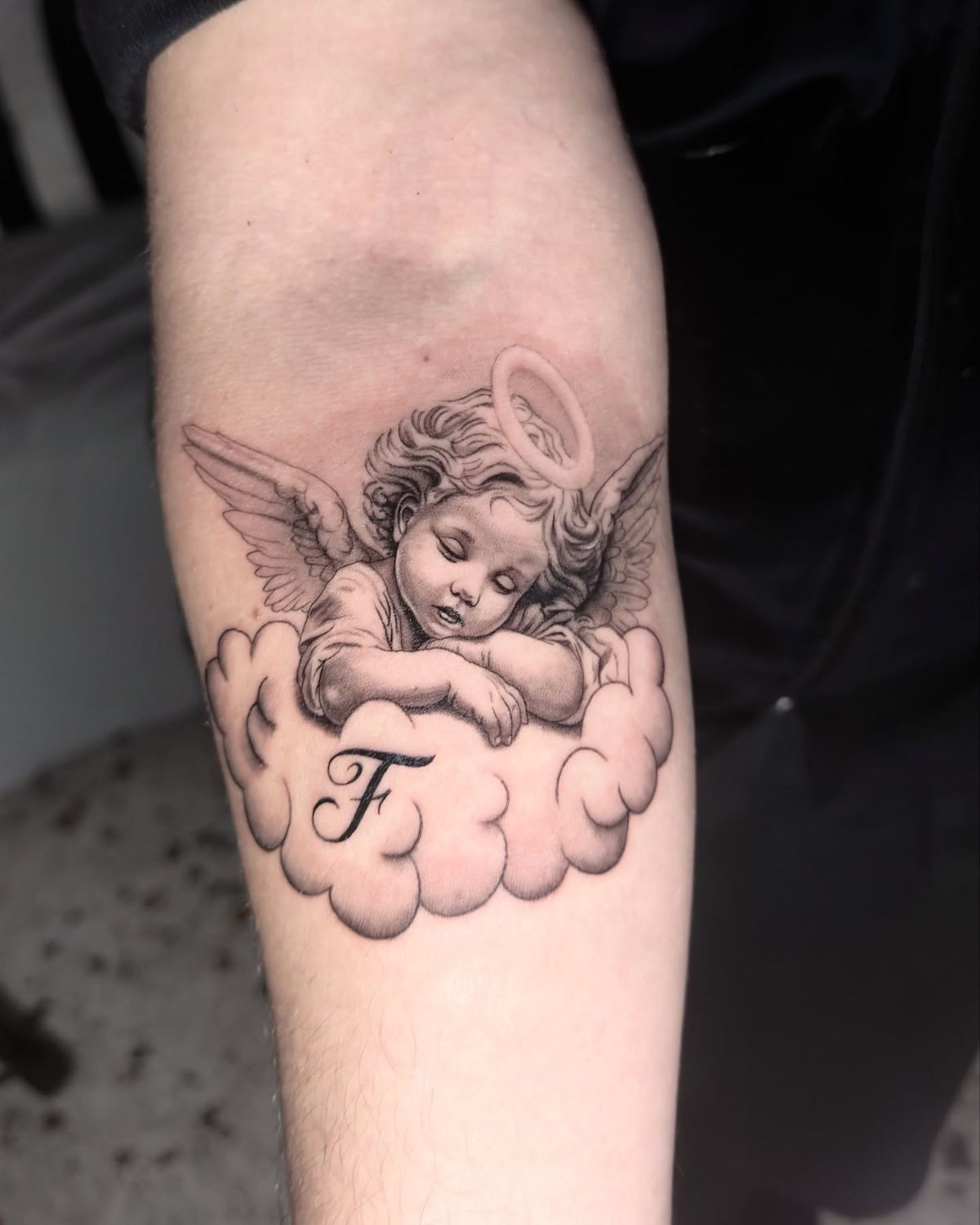Memorial Cherub with Heart and Banner Tattoo Design