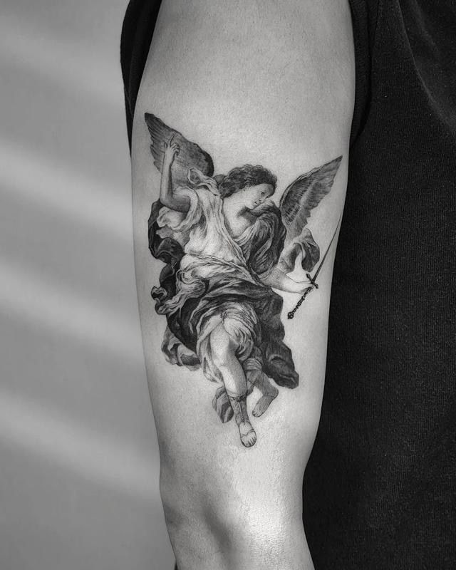 Tiny Constellation Angel with Letters Tattoo Design