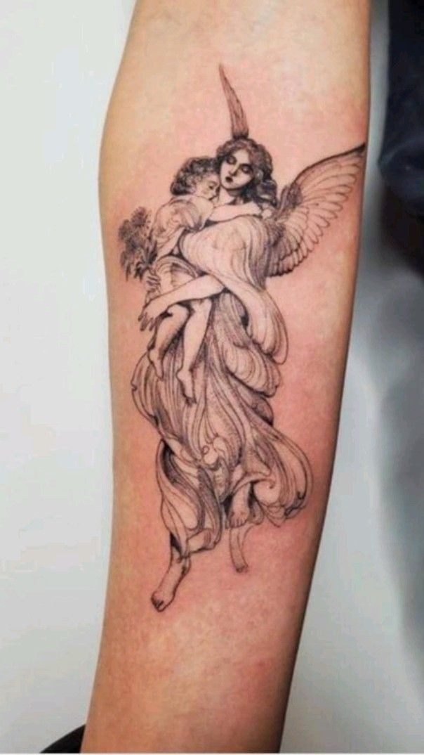 Triumphant Angel with Laurel Wreath Tattoo Design