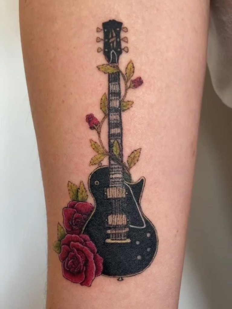 Electric Guitar With Cassette And Lyrics Tattoo Design