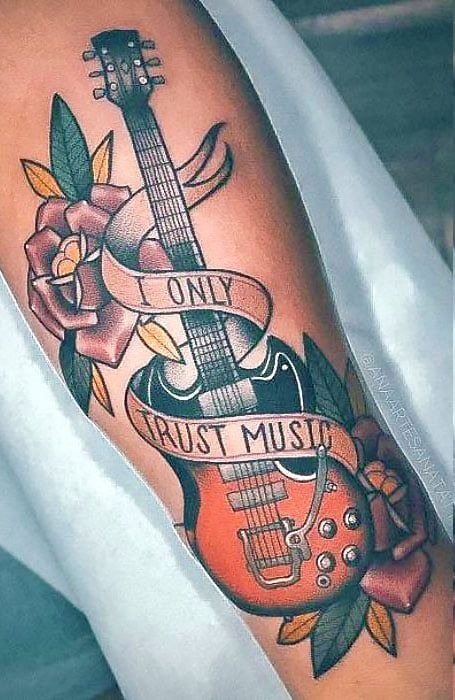 Green Electric Guitar With Leaves Tattoo Tattoo Design