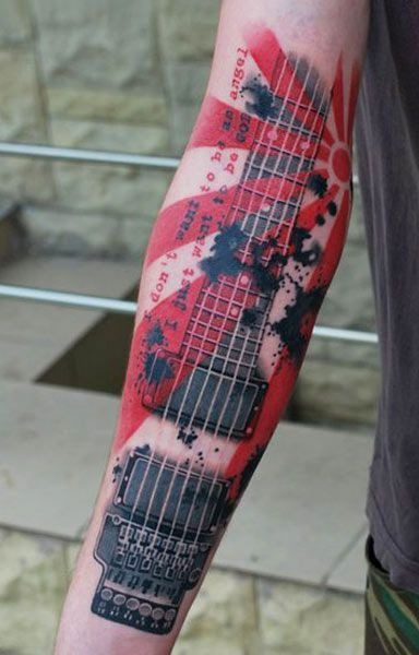 Minimal Line Guitar With Heartbeat Notes Tattoo Design
