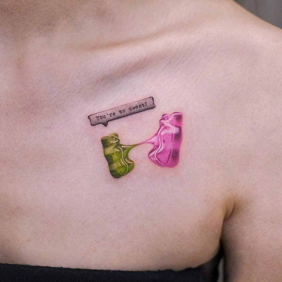 Adorable gummy bear tattoo with sweet message Tattoo Design