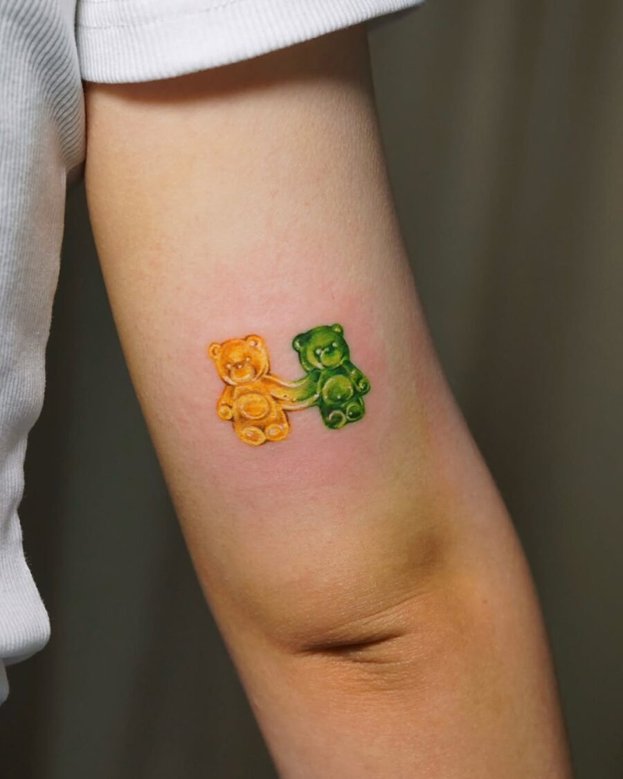 Charming gummy bears in vibrant colors unite. Tattoo Design
