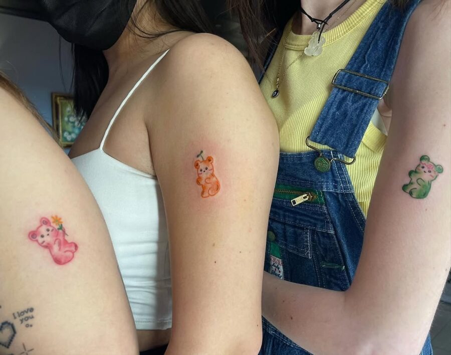 Fun and playful gummy bear tattoos on friends Tattoo Design