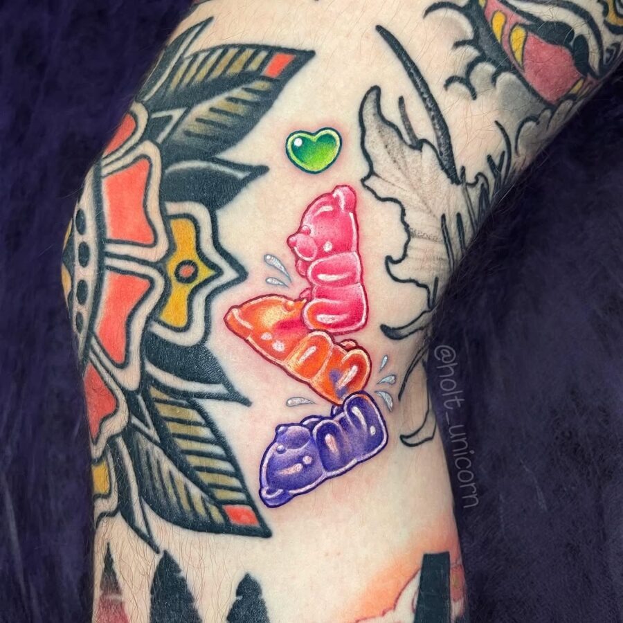 Playful gummy bear tattoos with vibrant colors Tattoo Design