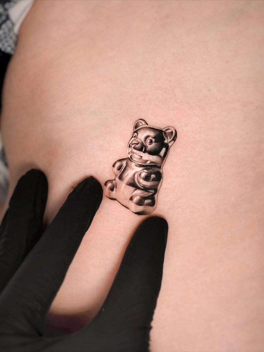 Realistic Gummy Bear Tattoo in Black Ink Tattoo Design