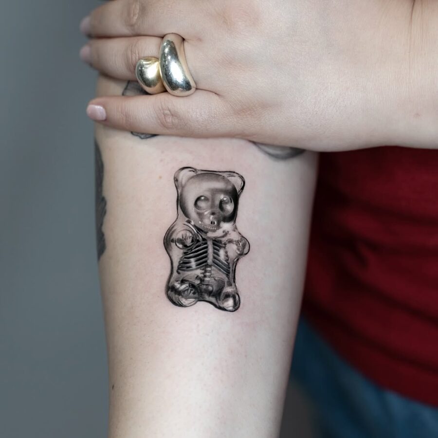 Unique skeletal gummy bear tattoo design Tattoo Design