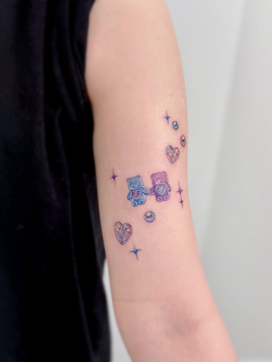 Vibrant gummy bear tattoo with playful elements Tattoo Design