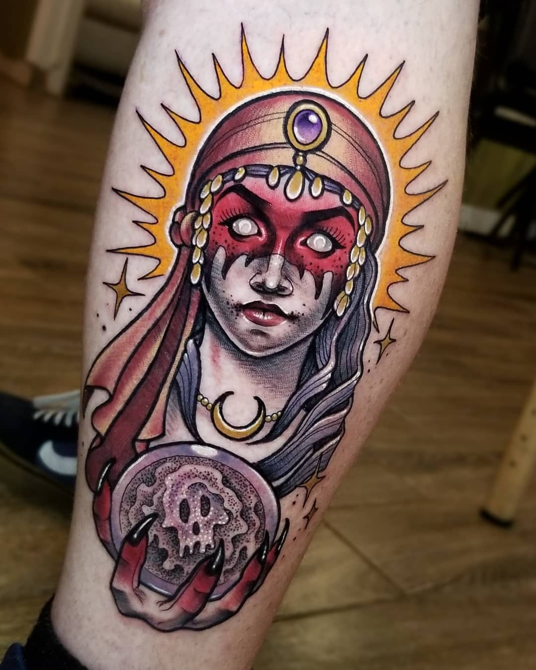 Dynamic gypsy tattoo with mystical elements Tattoo Design