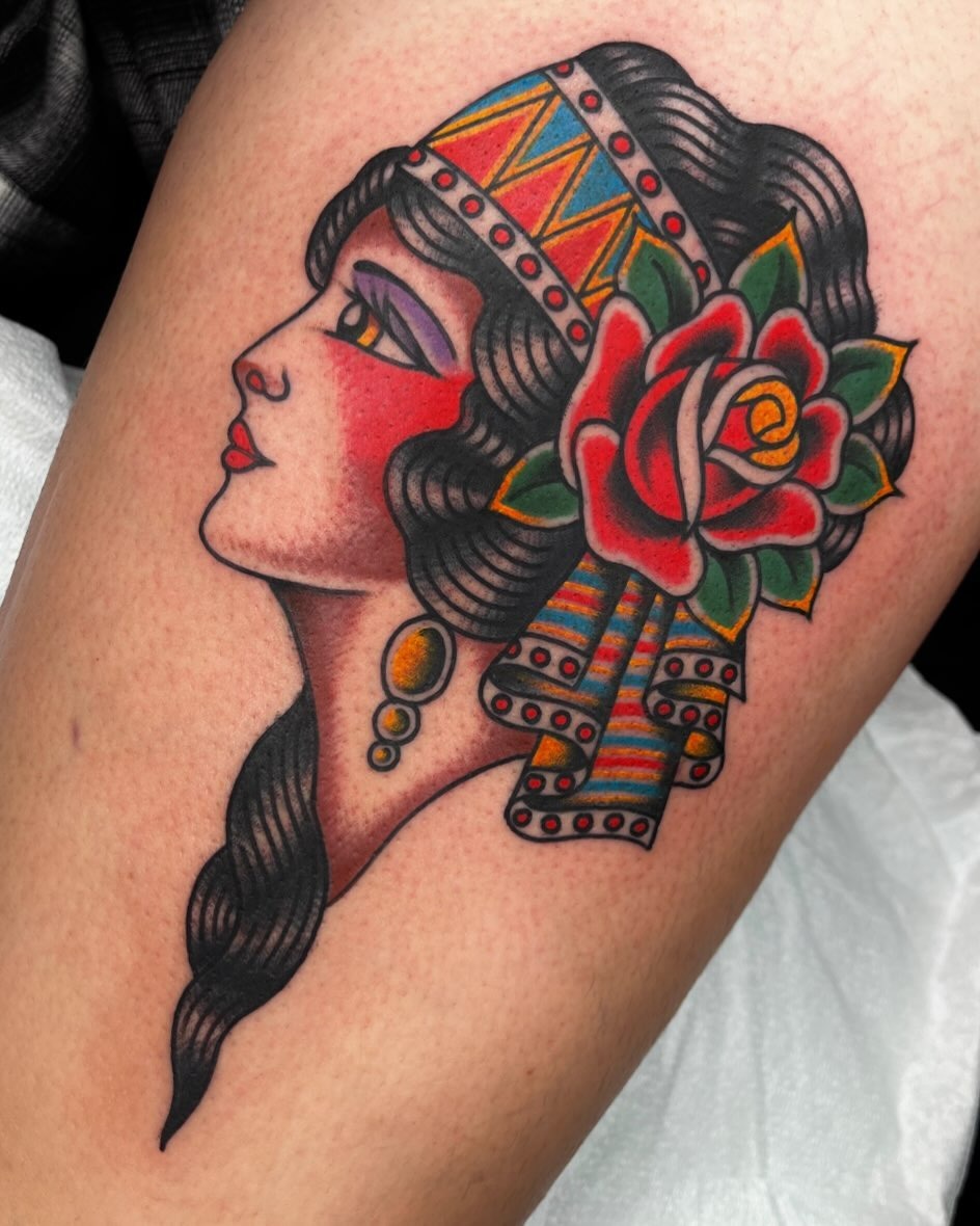 Elegant Gypsy Woman Tattoo with Vibrant Colors Tattoo Design