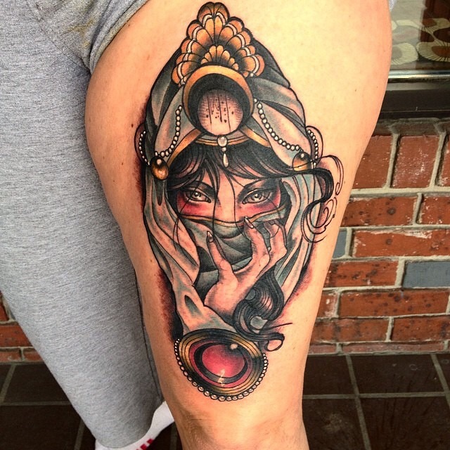 Mystical gypsy tattoo design featuring a concealed woman Tattoo Design