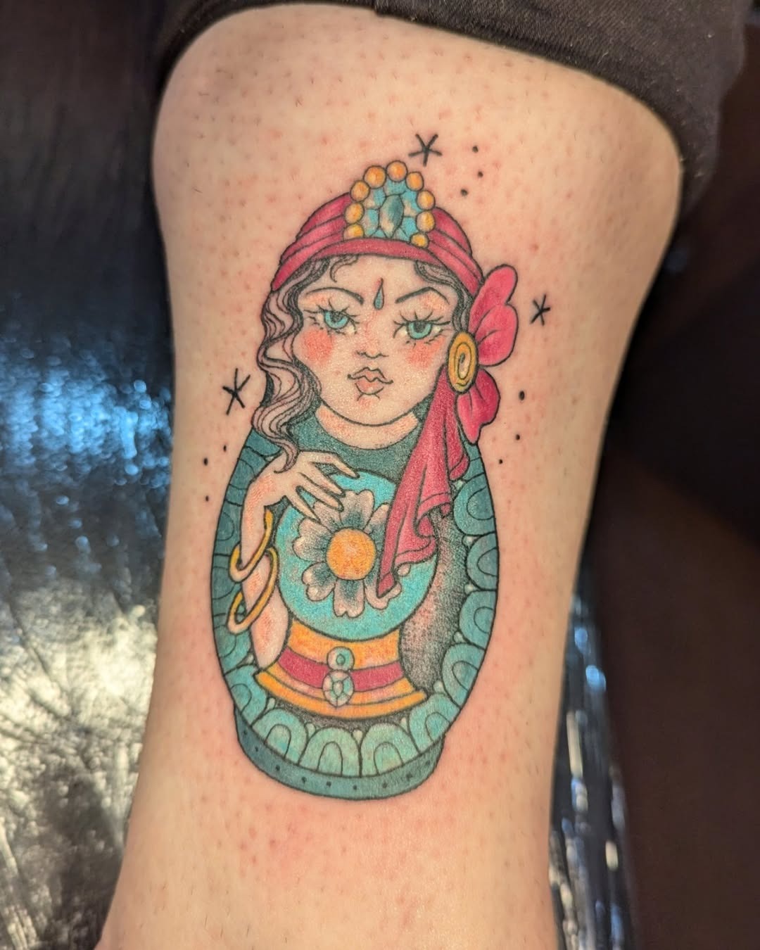 Vibrant Gypsy Woman Tattoo on Hand Tattoo Design