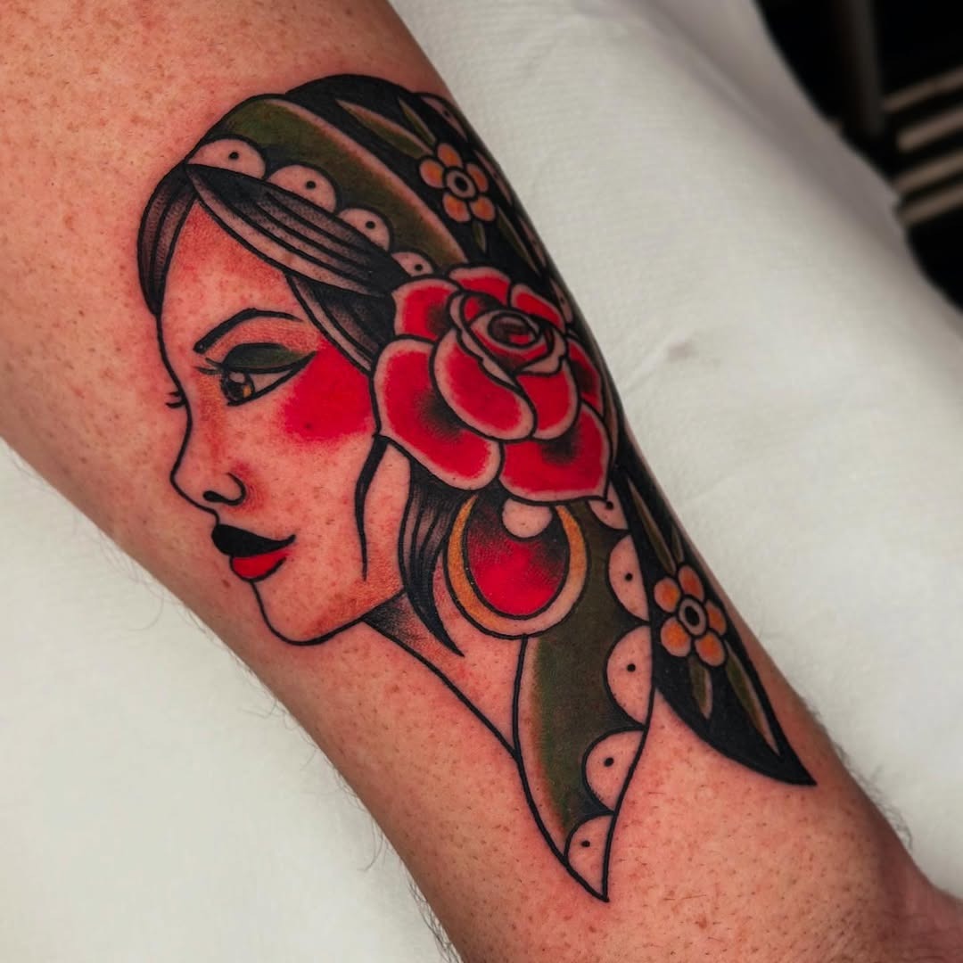 Vibrant Gypsy Woman Tattoo with Floral Elements Tattoo Design