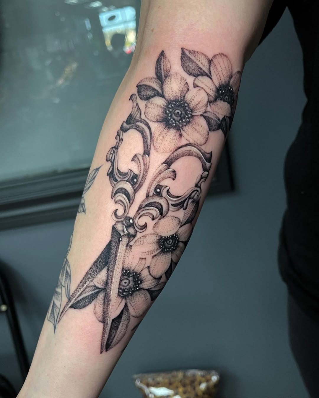 Intricate Scissors with Flower Accents Tattoo Tattoo Design