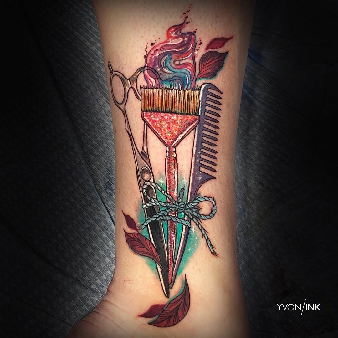 Vibrant hair tools tattoo with artistic flair Tattoo Design