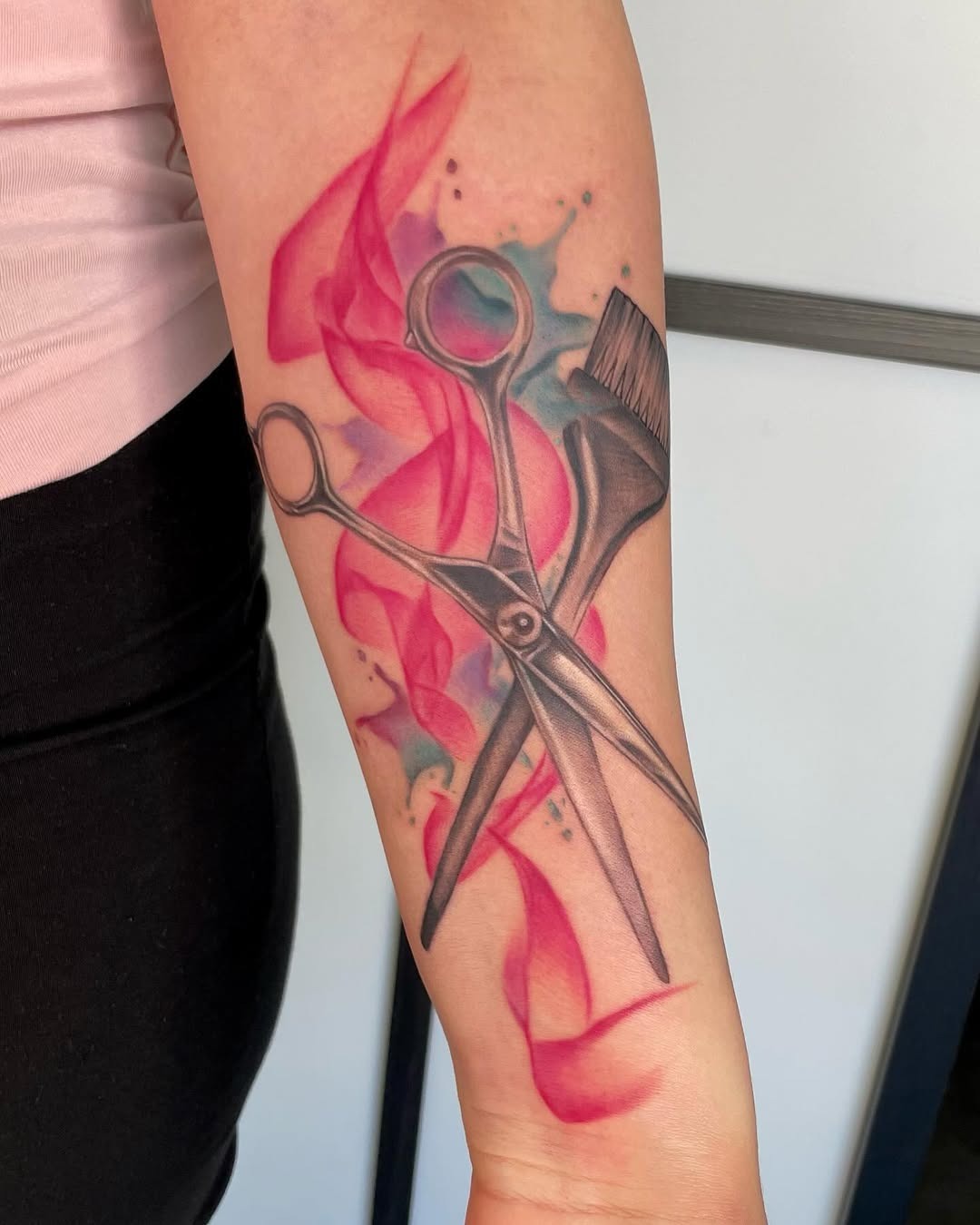 Vibrant tattoo of shears and brush design Tattoo Design