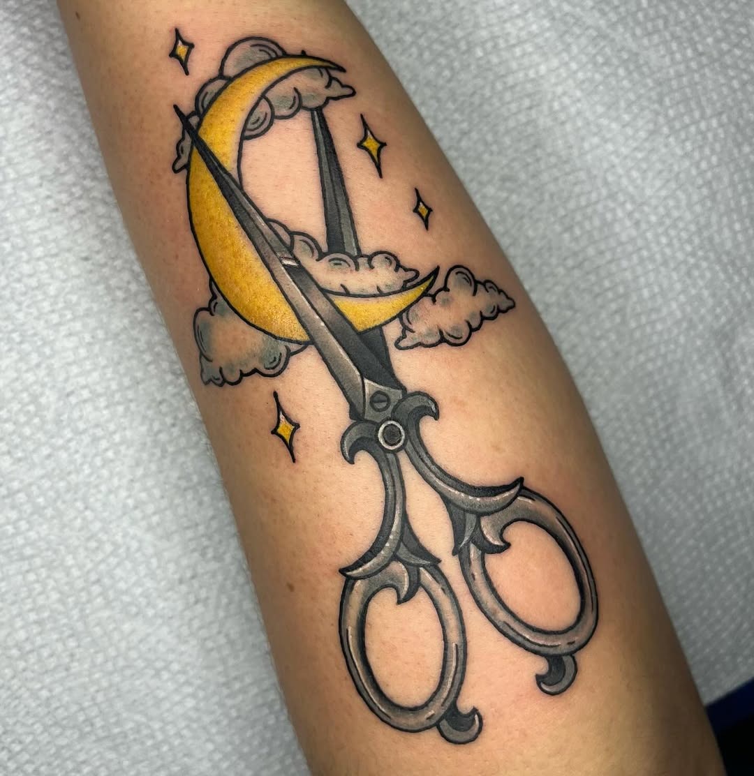 Whimsical scissors with moon and clouds Tattoo Design