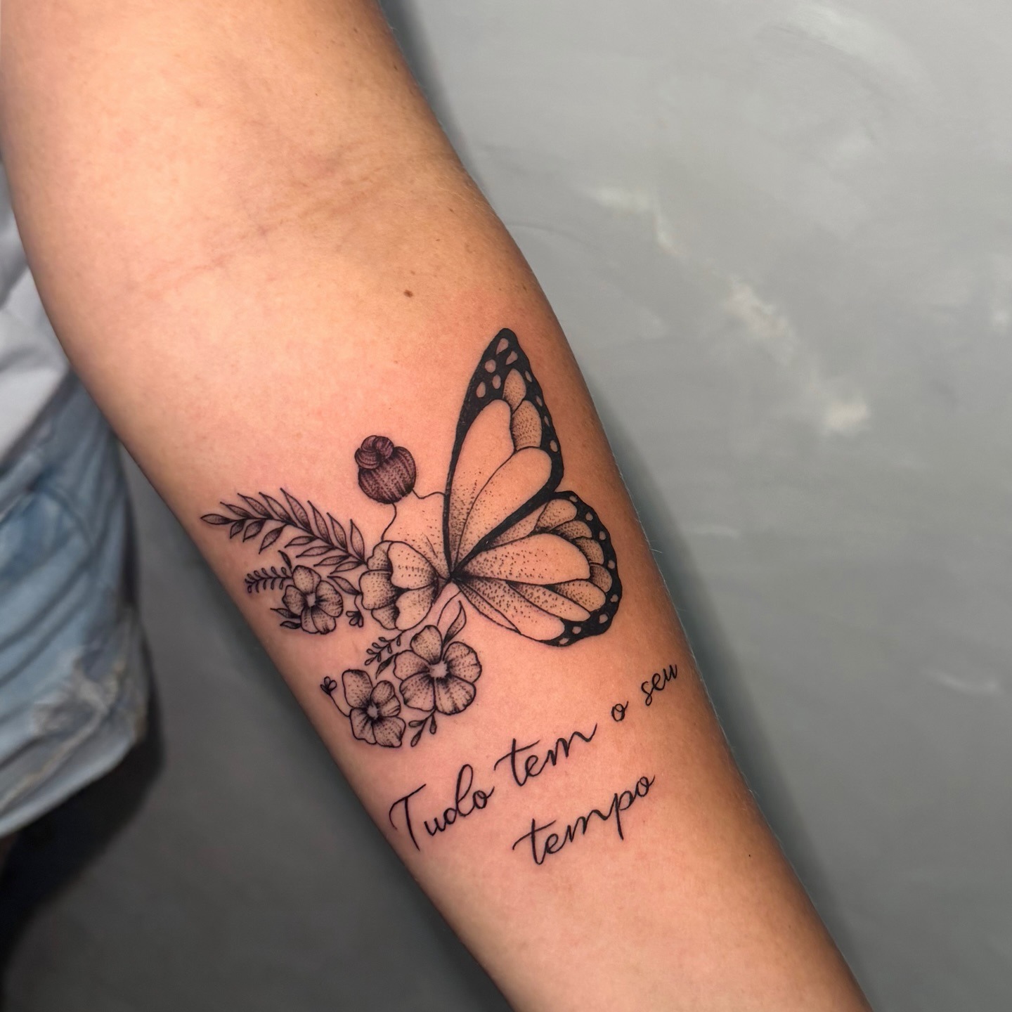 Black and Gray Half Butterfly Half Flower Tattoo Tattoo Design