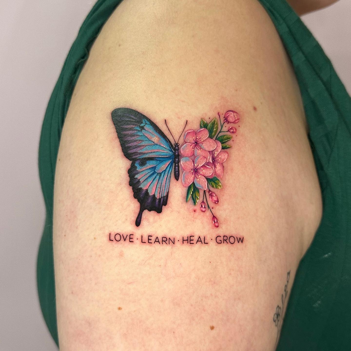 Blue Butterfly and Pink Blossom Half Flower Tattoo Tattoo Design