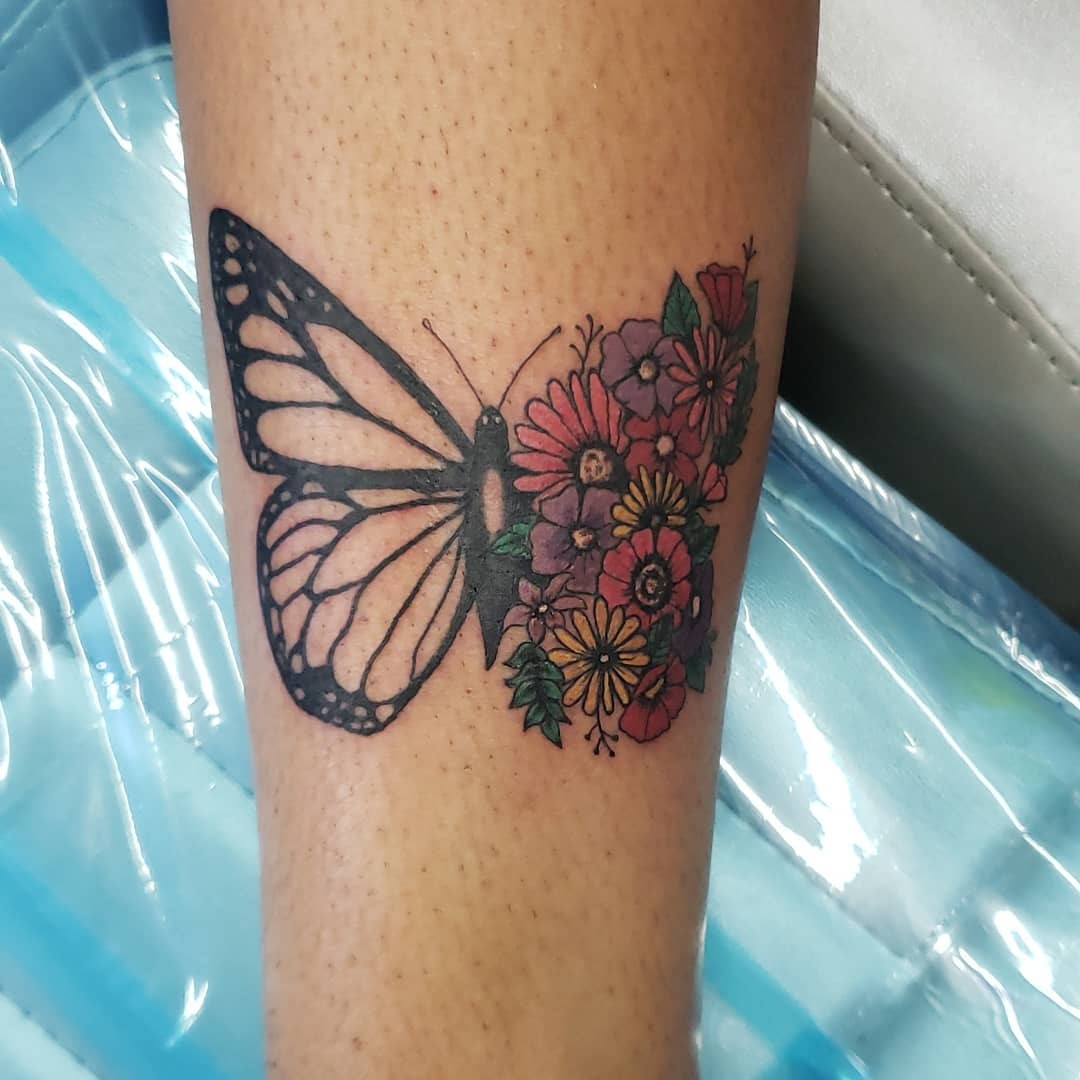Half Butterfly Half Wildflower Bouquet Tattoo Tattoo Design