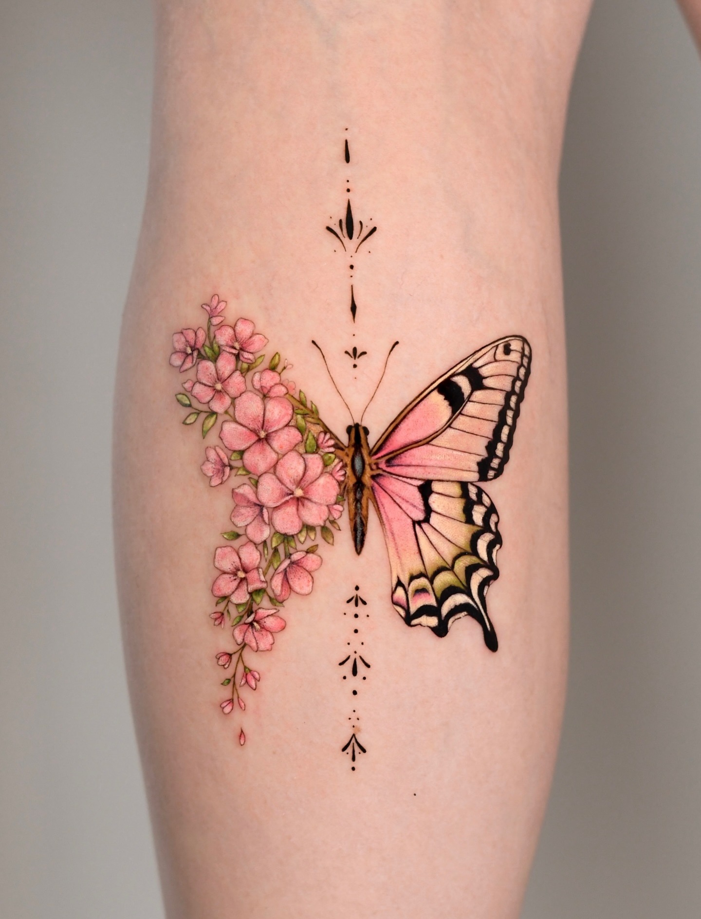 Pink Butterfly and Blossom Half Flower Tattoo Tattoo Design