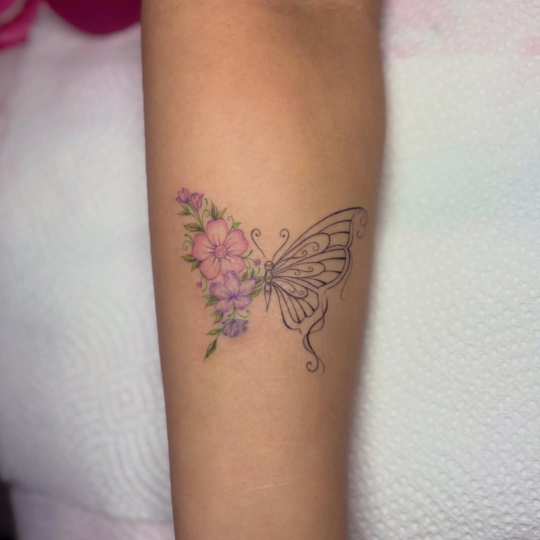 Pink Floral Half Butterfly Half Flower Tattoo Tattoo Design