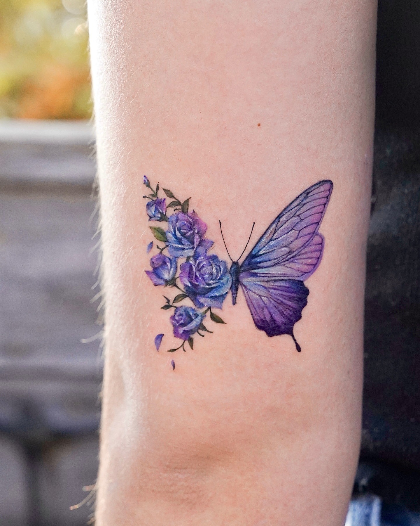 Purple Butterfly and Rose Half Flower Tattoo Tattoo Design